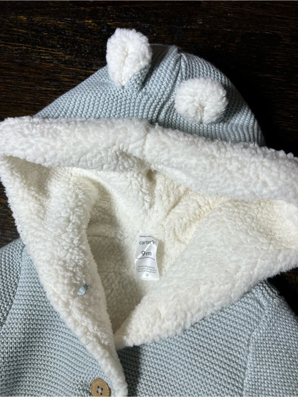 NWT Carter’s Bear Knit Cardigan Sweater Jacket Hooded Sherpa Lined 9M